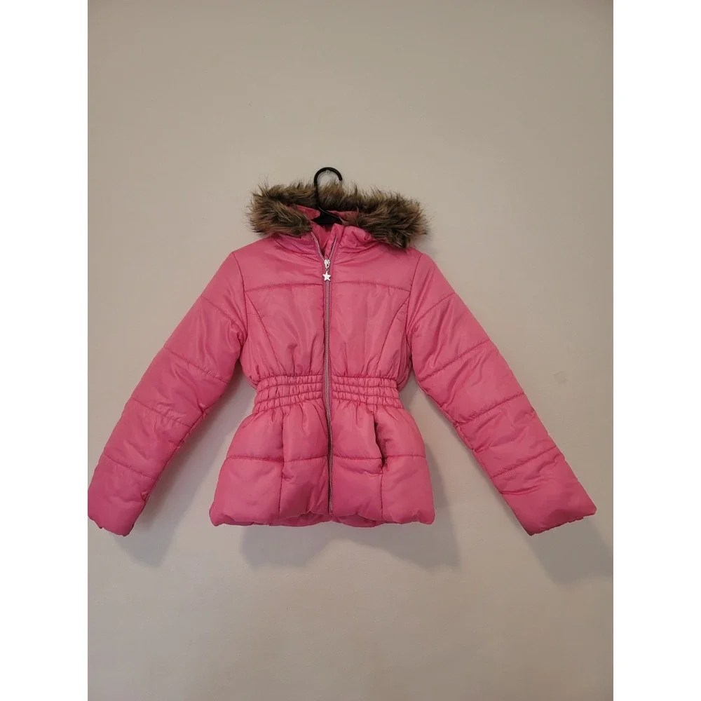 R1881 By S.Rothschild L(14) Pink Puffer Jacket Hooded Faux Fur Big Girls Neon